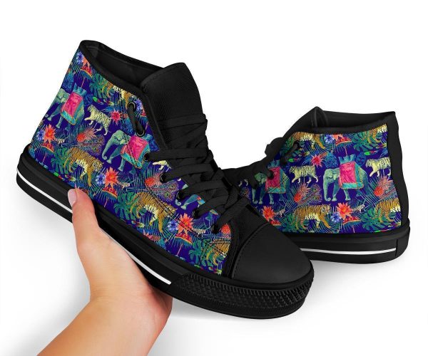 Tropical Palm Leave Peacock Tiger Elephant Men Women’s High Top Shoes