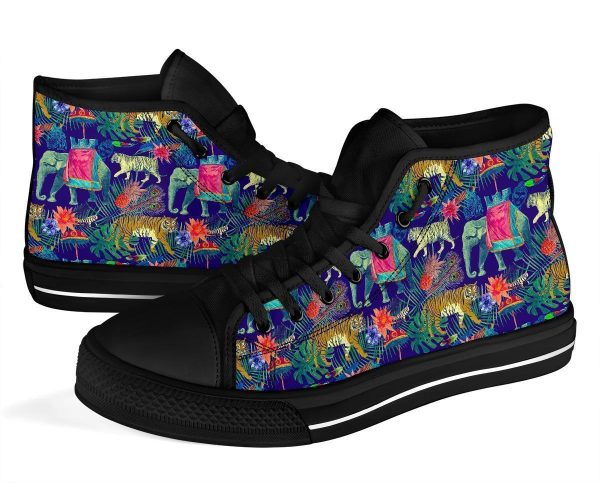 Tropical Palm Leave Peacock Tiger Elephant Men Women’s High Top Shoes